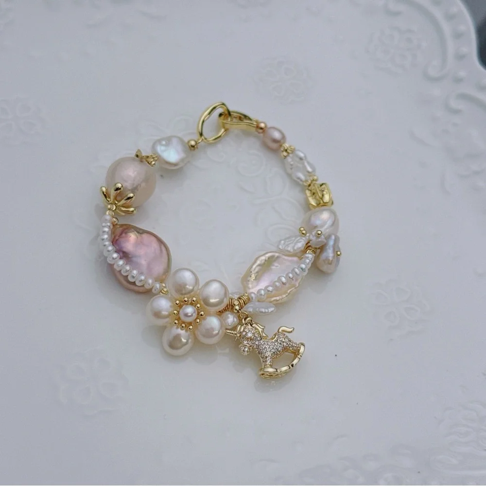 26B275 New Handmade Freshwater Baroque Bracelet 7” Gold Plated - Picture 6 of 11